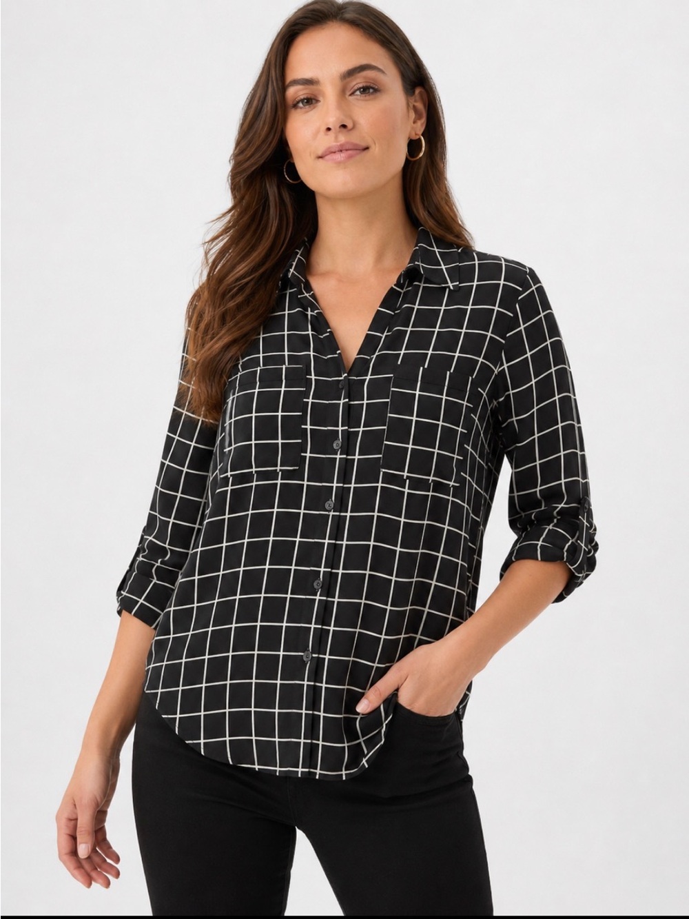 Express Black and White Windowpane Button-Down Shirt Size Medium